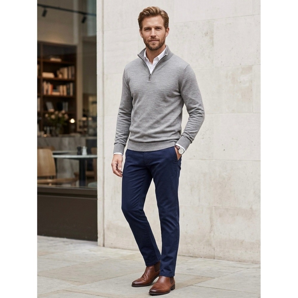 Charles Tyrwhitt Mens Large Gray Extra Fine Merino Wool Quarter Zip Sweater Knit